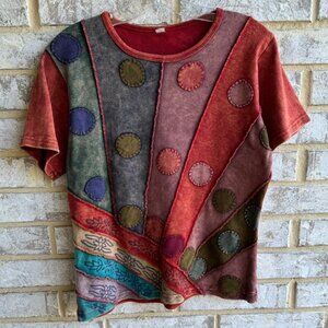 Patchwork Hippie Style Short Sleeve Pullover Blouse Women's Size M.